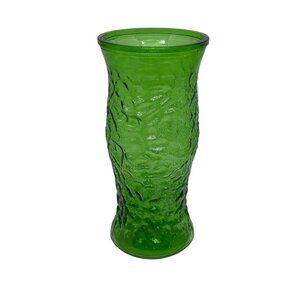 VTG MCM Emerald Green Crinkle Glass Vase | Heavy Textured 10" Tall Bark Design